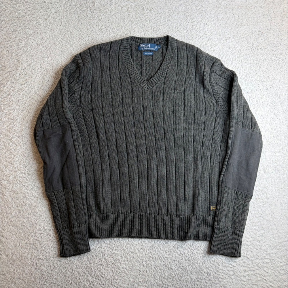 Polo Ralph Lauren Mens Large Grey Ribbed V-Neck Cotton Sweater Elbow Patches